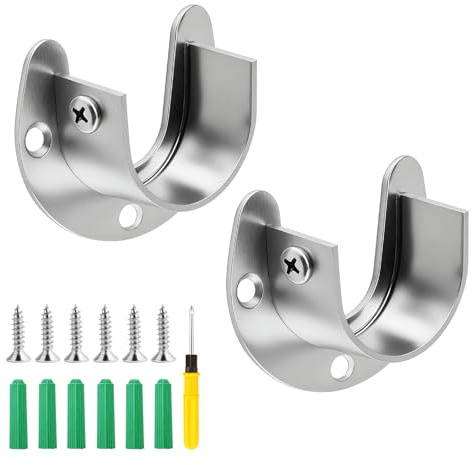 2 Pack Wardrobe Rail Bracket 32mm Stainless Steel Closet Pole Sockets Closet Rod Bracket End Supports U Shaped Flange Rod Holder with Screws for Wardrobe Shower Bathroom Kitchen