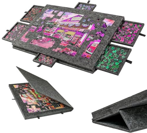 Faltbares Puzzlebrett 1000 Teile, Tragbarer Puzzlebrett mit 6 Schubladen, 2-in-1 Abdeckung & Puzzleständer, Puzzle Board, Puzzletisch, Jigsaw Puzzle Zubehör für bis zu 1000 Teile (Schwarz)