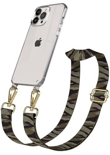 EAZY CASE Handykette - Verstellbares Taschenband kompatibel mit iPhone 13 Pro Max, Schulterriemen, Handykordel mit Silikon Hülle, Umhängetasche, Grün Camouflage Gold