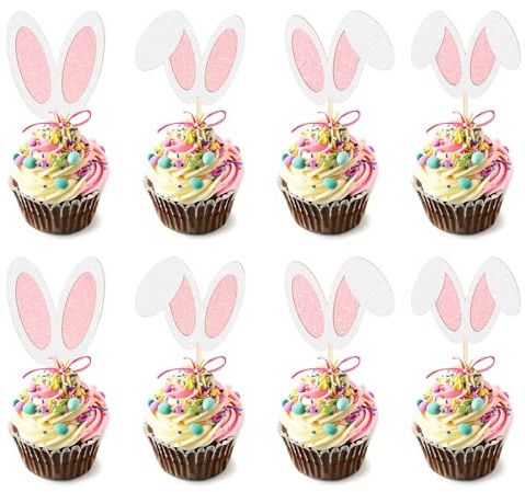 24 Stück Hasenohren Cupcake Topper Picker Osterhasen Kuchenaufsätze Tortendeko Ostern Glitzer Kuchen Deko Osterdekoration Für Frühlings Geburtstage Babypartys Kaninchen Thema Party