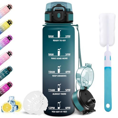 Mulbijeo Borraccia 1 Litro, Senza BPA, Tenuta Stagna, Indicatori Tempo, Spazzola Bottiglie, Riutilizzabile, per Palestra Ufficio Scuola