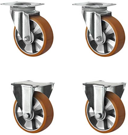 CASCOO SETSHFH200BAU5D0N Rollensatz 2 Lenkrollen, 2 Bockrollen, Aluminiumfelge, Polyurethan, Durchmesser 200 mm, Schwerlast, Doppelkugellager, Traglast 1800 kg (4-er Pack)