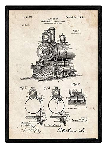 Nacnic Poster Patent Lampe für Lokomotiven. Blatt mit altem Design-Patent in der Größe A3 und Vintage-Hintergrund