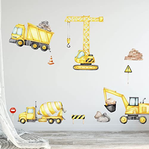 WANDKIND Baustelle Set V313 Wandtattoo | handgezeichnet | AUFKLEBER Kindergarten | mit Bagger LKW Kran Baukran Fahrzeuge Betonmischer Bau Kipper Wandfolie (40 x 40 cm)