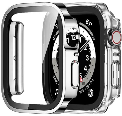 Amizee 2 Pezzi Cover Compatibile con Apple Watch SE Series 6 5 4 44mm con Vetro Temperato, Custodia Sottile Anti-Graffio e HD Clear Pellicola Protettiva per iWatch 44mm (Argento/Trasparente)