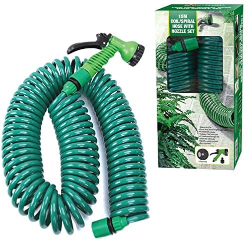 Sizi Retractable Garden Coil Hose Pipe Expandable 7 Function Water Spray Gun Flexible Plant & Flower Watering Patio Decking Cleaning (10M), Green