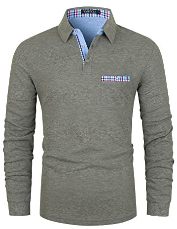 VMSUCIJ Men's Polo Long Sleeve Plaid Denim Stitched Cotton Golf T-Shirt with Real Pocket M-3XL,Grey,M