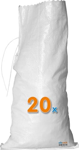 20 ELBSACK Sandsäcke 30x60 cm gegen Hochwasser - leere PP-Sandsäcke mit Verschlussband, befüllbar mit Sand - genutzt von THW & Feuerwehr für Hochwasserschutz