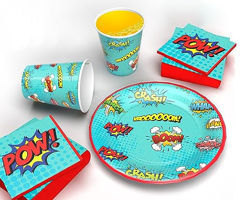Eco-Friendly Super Hero Kids Birthday Party Kit - Complete Tableware Set with Plates, Cups, Napkins, and Table Cover - Ultimate Party Supplies and Decorations Package (16 Guest)
