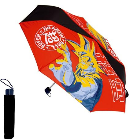 Dragon Ball Z Kompakter Faltschirm, Kinderschirm, Hochfeste Struktur, Klassischer Regenschirm im Goku Design – Schwarz