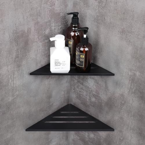 ZGTMSZ Mensola Doccia - Installazione di Perforazione, Portasapone Doccia, Cestino Doccia Angolare, Acciaio Inox SUS304 Portaoggetti Doccia, Porta Shampoo Doccia (Nero, 2 Pezzi)