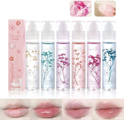 Roll On Lip Gloss Se 6 Packungen Flower Jelly Lip Oil Long Lasting Moisturizer Lip Blam mit echten Blumen Glossy Lip Make-up für trockene und rissige Lippen