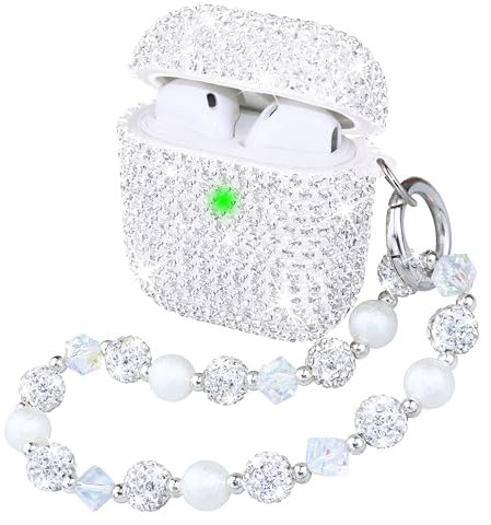 Topgraph Kompatibel mit AirPods Hülle Diamant Glitzer Schutzhülle für Airpods 2 & 1 mit Schlüsselanhänger für Mädchen Frauen (Front-LED Sichtbar) Silber