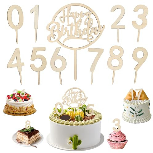 RISF Happy Birthday Tortendeko mit Holz Cake Topper Zahlen, 0-9 Cake Topper, Geburtstag für Tortendeko Junge Mädchen Frauen Geburtstagsfeiern Hochzeit