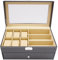 HUSPOO 6 Uhrenbox 9 Brillen Aufbewahrungsbox, PU-Leder Uhrenkasten Uhrenkoffer mit Glasdeckel Uhren Organizer und Aufbewahrung Sonnenbrillen (6 Uhrenbox)