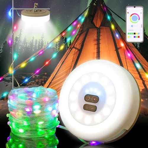 Camping Retractable String Lights Reel - RGB Portable Outdoor Awning Lights Colorful String Lights With APP, Camping String Lights USB Rechargeable IP65 6M Rope Tent Star Lantern for Camping Campsite