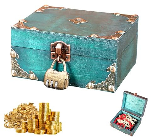 Lunyloer Vintage Holz Schatztruhe, Schatzkiste Holz mit Schloss, Schatzkiste Kindergeburtstag, Mini Schatztruhe für Aufbewahrung Und Dekoration (Grün 15 X12 X 7.5cm)