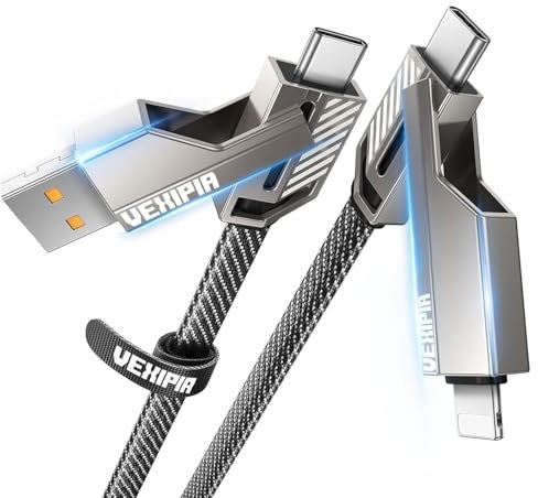 Cable USB C 4 en 1, 190 W, 1,5 m, cable Lightning multi cable de carga rápida [Carplay & Android Auto] para iPhone, Samsung, Huawei