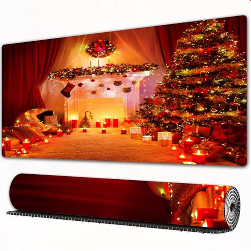 FEHWI Grand Tapis de Souris de Jeu avec Bords surpiqués et Dos antidérapant,sous-Main pour Clavier et Souris,décoratif, Noël, Noel Décoré avec Un tas d'objets Holly Yule, illuminés Fantasy,90×40 cm
