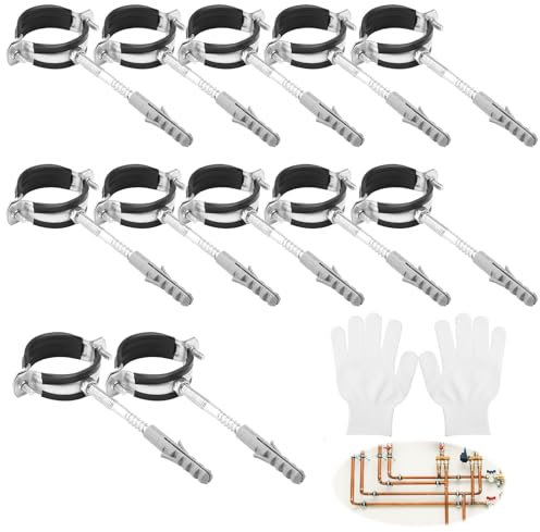 ZMDMAH Set di 12 fascette stringitubo da 50 mm, 12 morsetti per tubo a vite + 12 tasselli + 12 viti prigioniere, fascette di fissaggio per tubi, inserto in gomma con guanti da lavoro per tubi