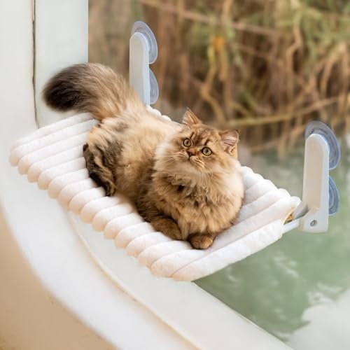 MEWOOFUN Katzenfenster-Sitzstange Faltbar mit abnehmbarem und wendbarem Bezug - Weiche Katzenfenster Hängematte mit verstärktem Stahlrahmen stabil bis 18 kg belastbar (Weiß, M)