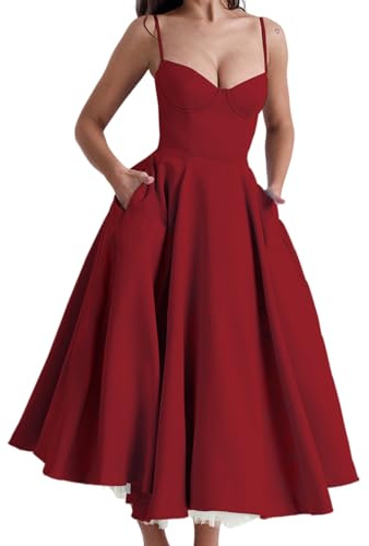 CZMYCBG Robe de Cocktail Vintage Style Corset pour Femme, Robe Bustier Mi-Longue Élégante et Sexy À Bretelles Spaghetti(Red,S)