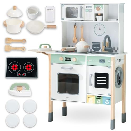 Mamabrum Cocina de Juguete Madera Interactiva con Lavadora, Lavavajillas y Pizarra - Juguetes Cocina Niños Montessori con Luces y Sonidos - Incluye Accesorios Caja Registradora