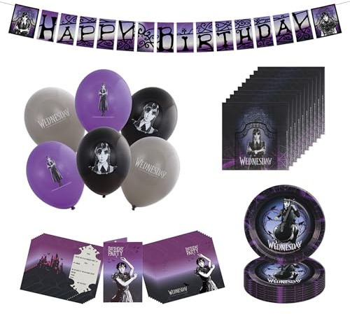 Chaks - Set Mercoledì per bambini, accessori per feste di compleanno | Set ufficiale di decorazioni per feste a tema Mercoledì con piatti, tovaglioli, palloncini, inviti e ghirlanda