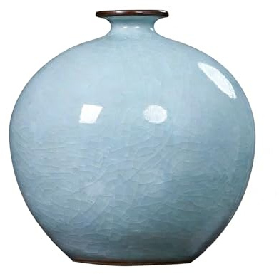 Vase Rond en Céladon Craquelé, Vase De Décoration en Céramique Chinoise Vintage, Vernis Bleu Clair Brillant, for Maison Salon Cheminée Bibliothèque (décor Artistique Autonome)