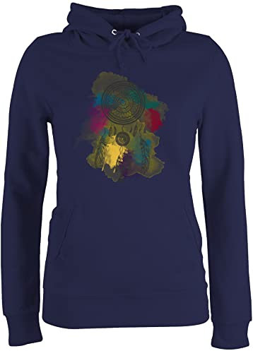 Pullover Damen Hoodie Frauen - Sprüche Statement - Traumfänger Wasserfarbe Dreamcatcher Watercolor - XS - Navy Blau - mit Aufschrift Indianer Pulli Statements Feder Spruch Federn Indian