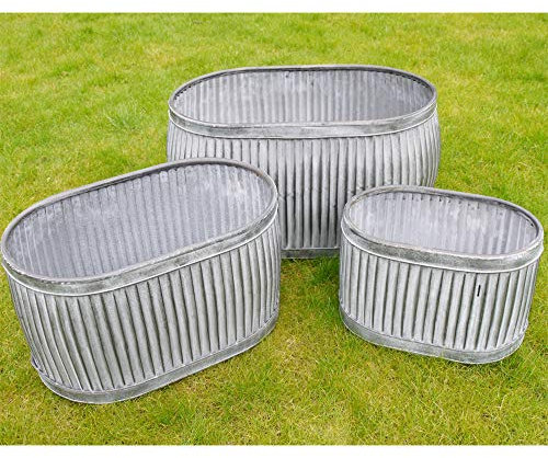 S/3 Large Galvanised Zinc Dolly Tub Plant Pot Barrel Garden Flower Planters