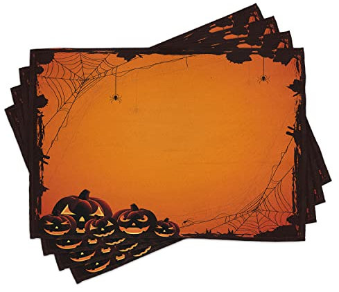 ABAKUHAUS Halloween Platzmatten, Spinnen-Netz Jack O Laternen-Horror-Zeit des Jahr-Trick-oder Leckerei-Druckes, Waschbare Stoff Esszimmer Küche Tischdekorations Digitaldruck, Orange