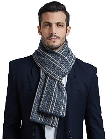 WANYING Herren Wolleschal mit Kaschmiranteil 35% Wolleanteil 65% Herrenschal Kaschmirschal Strickschal Super Warm Weich Casual Business - Schmal Gestreift Anthrazit & Dunkelbeige