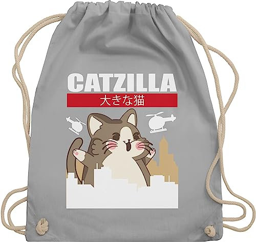 Turnbeutel Rucksack - Anime - Catzilla - Big Cat - Unisize - Hellgrau - otaku merch turnbeutel+anime geschenk+anime katze turnsack japanische tasche anime+tasche animi beutel anemie sportbeutel