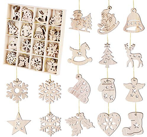 64-teiliges Tannenbaumschmuck Holz, 16 verschiedenen Motiven Anhänger Set - Holzanhänger zur Dekoratio für den Weihnachtsbaum, Christbaumschmuck