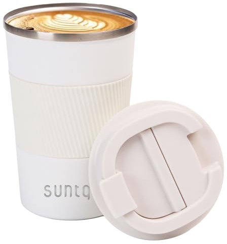 SUNTQ Reusable Coffee Cups Travel - Coffee Travel Mug with Leakproof Lid - Thermal Mug Insulated Cup - Stainless Steel Travel Cup with Rubber Grip - for Hot and Cold Drinks, 13oz/380ml White