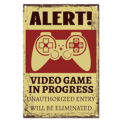 CREATCABIN Alerte Jeu Vidéo en Cours Signes en Métal en Métal Rétro Affiche Vintage Décoration Murale Garage Ferme Jardin Bar Club Porte Décorations de Jardin 8X12 Pouces