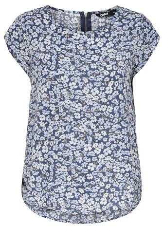 ONLY Damen Bedruckte Kurzarm Bluse Print Basic Rundhals Ausschnitt T-Shirt Blouse Oberteil ONLVIC, Farben:Blau-3, Größe:34