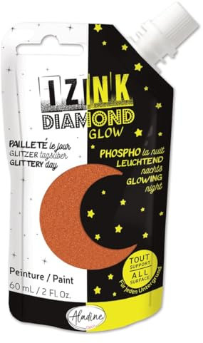 Aladine - Izink Diamond Glow - Pittura glitterata il giorno, fosforescente di notte - Ultra coprente, qualsiasi supporto - Fai da te e tempo libero creativo - Borraccia morbida 60 ml - Rame