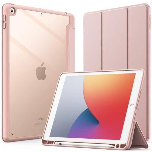 JETech Custodia per iPad 10,2 Pollici (9a/8a/7a Generazione, 2021/2020/2019) con Portapenne, il Involucro Posteriore Chiaro Trasparente Supporto Cover Sottile per Tablet Antiurto (Oro Rosa)