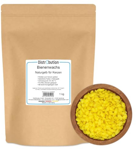 DistrEbution Bienenwachs Pastillen 1kg, gelb, RAL Kerzenwachs Kerzen gießen, geringe Rußentwicklung & gleichmäßiges Abbrennen, Schmelzpunkt 61–65 °C, Ohne Paraffin