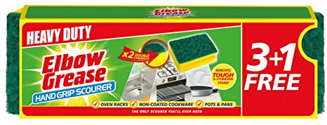 Elbow Grease Hand Grip Scourer - Heavy Duty (4 Pack Yellow/Green) | Washing Up Sponge Suitable for Oven Racks, Non-Coated Cookware, Pots, Pans - Double Strength | Removes Tough, Stubborn Stains