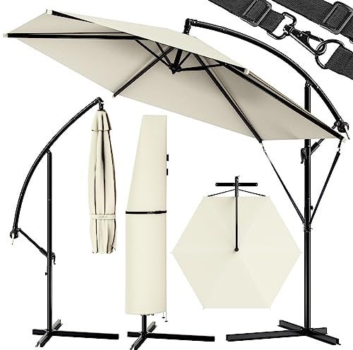 Kingsleeve® Ampelschirm Alu Sonnenschirm Ø 330cm Groß Rund mit Ständer Windsicherung Schutzhülle Kurbel schwenkbar neigbar Garten Balkon 3,3m Beige
