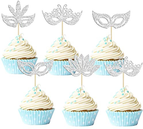 24Pcs Masquerade Masks Cupcake Toppers Glitter Bachelorette Party Mask Cupcake Food Picks Masquerade Mardi Gras Party Baby Shower Birthday Party Cake Decorations Silver