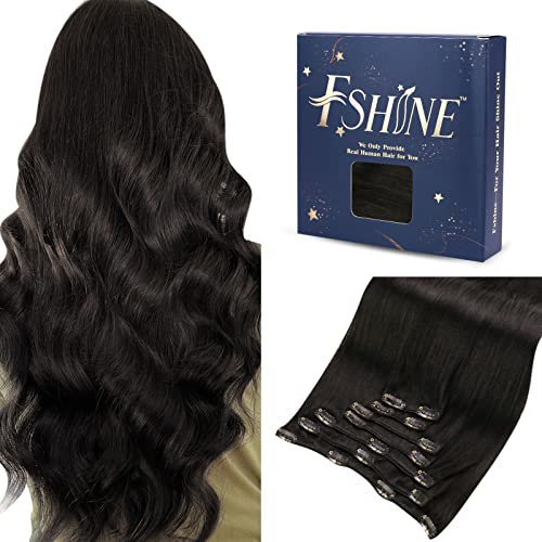 Fshine Echthaar Extensions Clip Natürlich Schwarz 50cm Clip in Extensions Echthaar 120g 7 Stücke Remy Haarverlängerun mit Klammer Farbe 1B