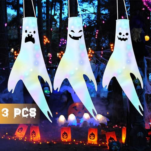 TaimeiMao Mangas de Viento de Fantasma de Halloween 3 Piezas, LED Manga de Viento de Halloween, Colgante Fantasma al Aire Libre, Halloween Decoración Colgante, para Jardines, Patio Decoración