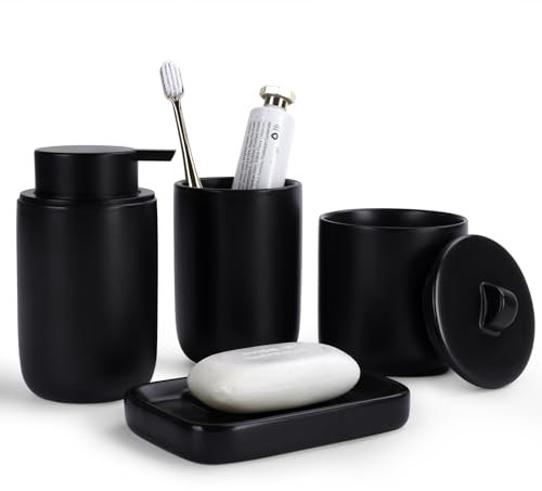 UMLACA Ceramic Bathroom Accessories Set of 4 - Liquid Hand Soap Dispenser, Toothbrush Holder, Apothecary Jar, Soap Tray, Luxury Bathroom Decor (Black)