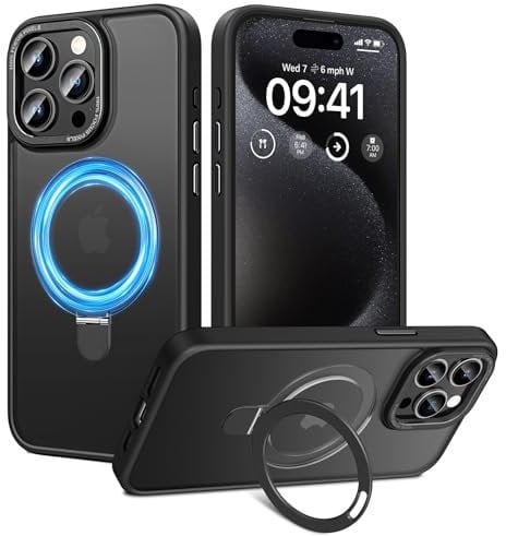 HWeggo für iPhone 15 Pro Hülle Magnetisch,Kompatibel mit Magsafe,Durchscheinende Matt rutschfeste Handyhülle mit Unsichtbar Ständer,Militärische Stoßfeste Schutzhülle(Schwarz)