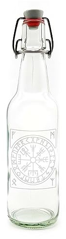 Samunshi® Wikinger Glas Flasche mit Vegvisir und Runen Gravur als Motiv Trinkflasche für Schule Sport Freizeit 500ml Weißglas