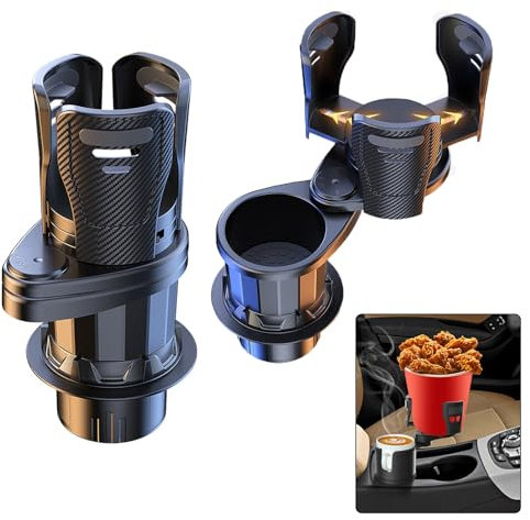 JIZZU Universal Car Dual Cup Holder Adjustable Cup Stand,2 in 1 Expandable Cup Holder With Adjustable Expander Base,360°Rotating Car Coffee Cup Storage Rack For Car/Marine/Caravan, Black